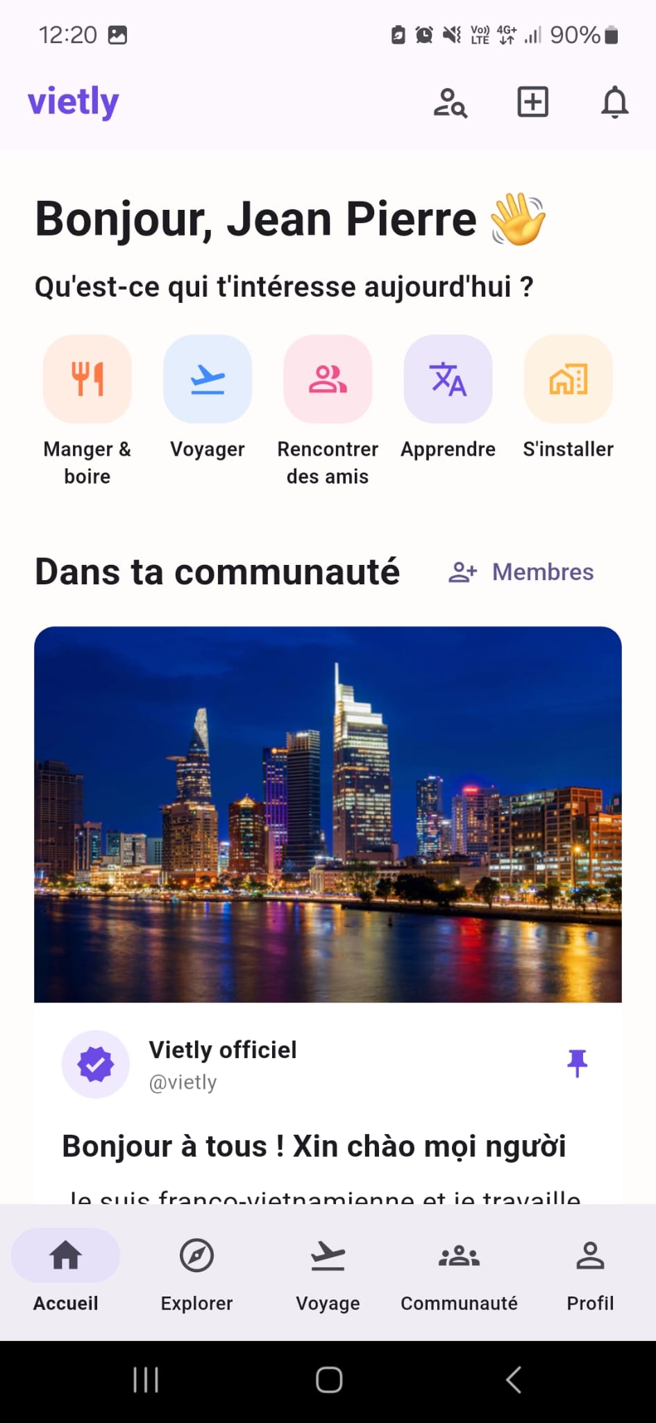 Écran d’accueil de l’application Vietly
